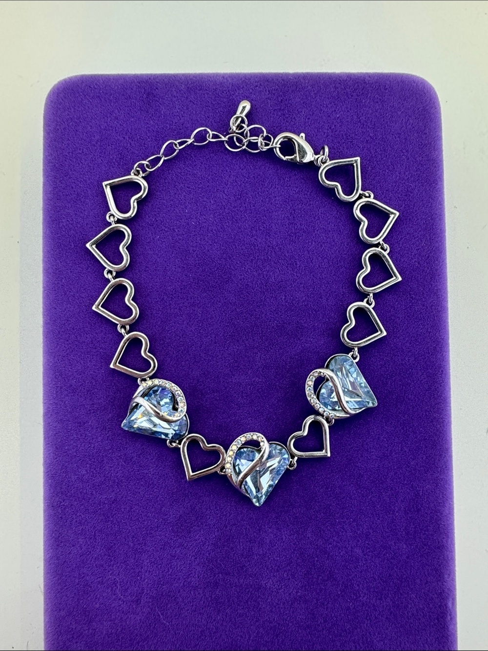 💛 Classic Silver Heart Blue & White Rhinestone Link Bracelet | Romantic Sparkle